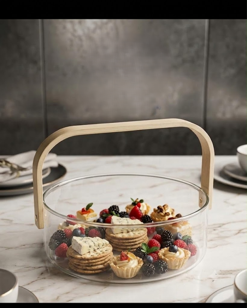 Nordic Glass Serving Bowl with Wooden Handle | Elegant Dessert & Snack Server